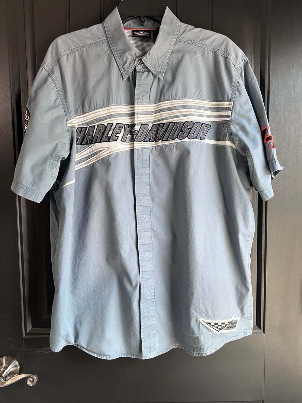 Harley-Davidson Blue Short Sleeve Snap Button Shirt Embroidered Logo & Patches